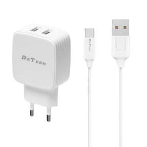 DeTech, DE-33C, 5V/2.4A, 220V, 2 x USB, С Type-C кабел, 1.0m Мрежово зарядно устройство, Бял