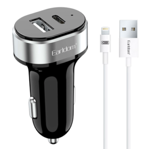 Earldom ES-CC14, 1xUSB, 1xType-C с включен Lighting кабел Зарядно устройство за кола, Черен